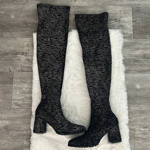 Sparkly Velvet Pointed Toe Thigh High Over the Knee Lugged Boot - Picture 8 of 12